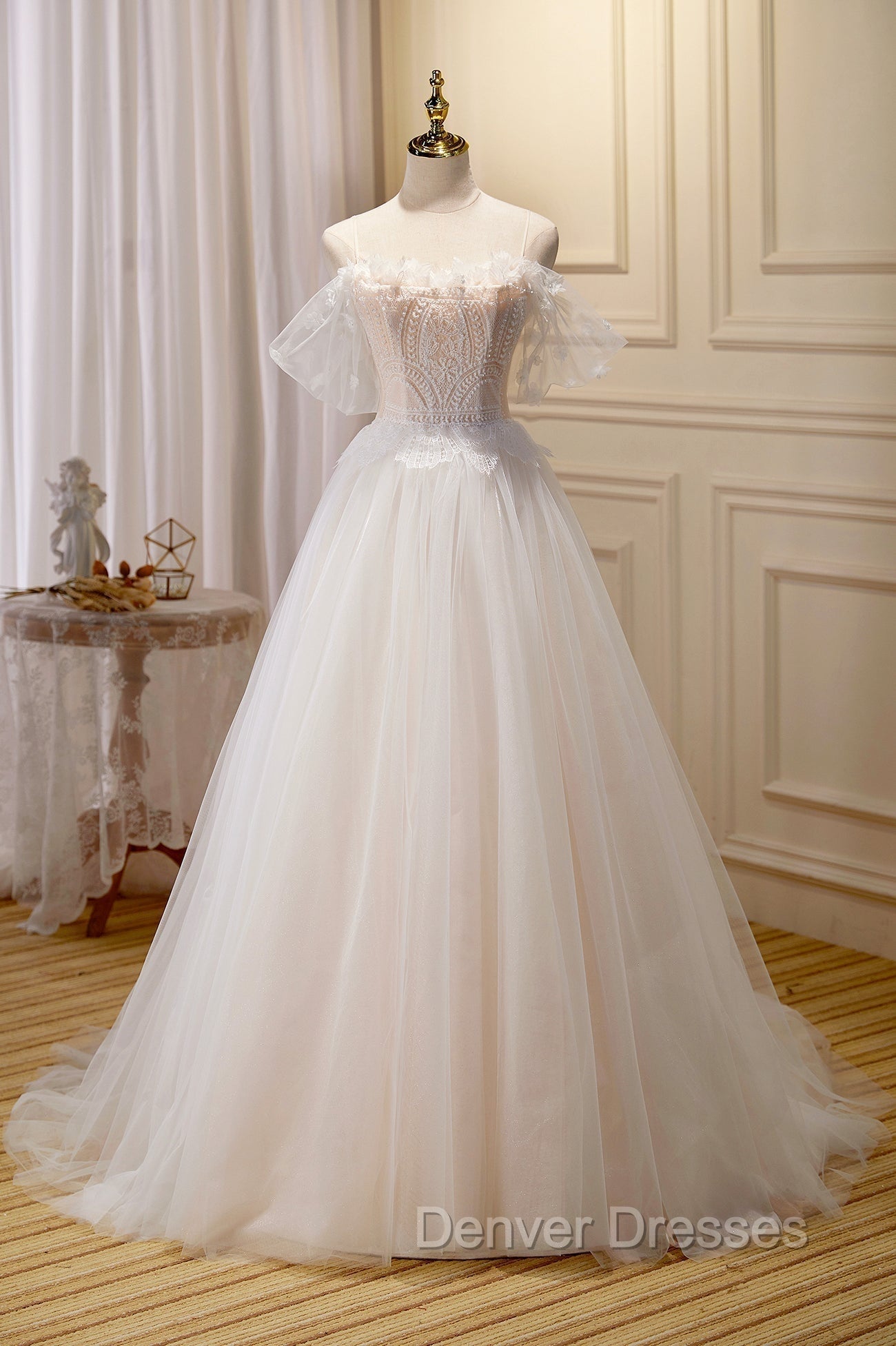 Champagne Floor Length Lace Long Prom Dress, Off the Shoulder Evening Dress Main image