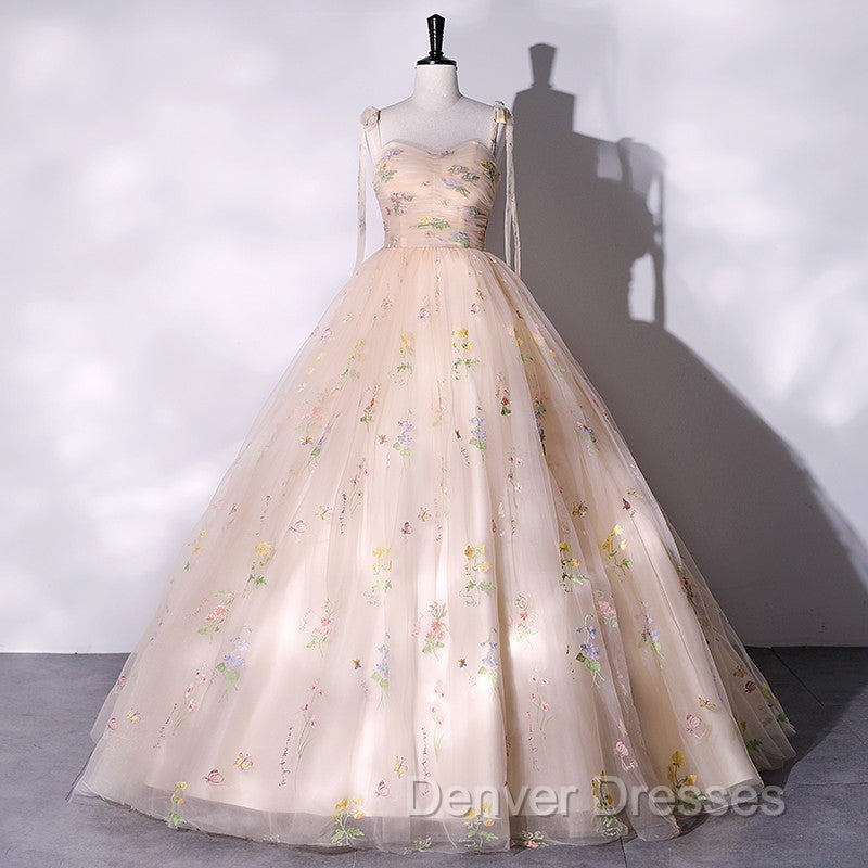 Champagne Floral Tulle Straps Sweetheart Long Party Dress, Ball Gown Sweet 16 Dress