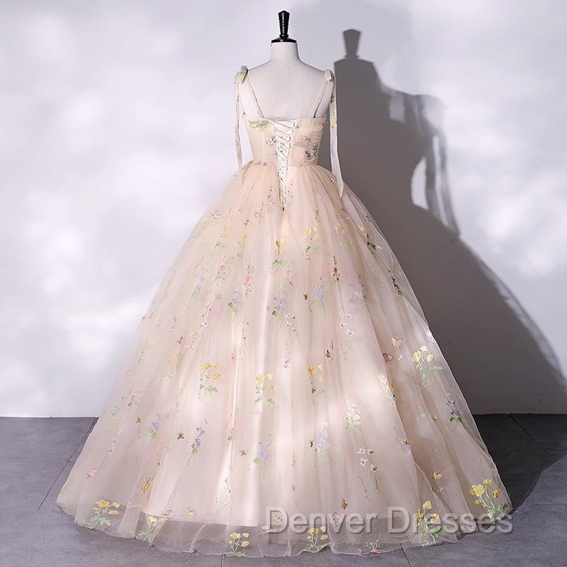 Champagne Floral Tulle Straps Sweetheart Long Party Dress, Ball Gown Sweet 16 Dress