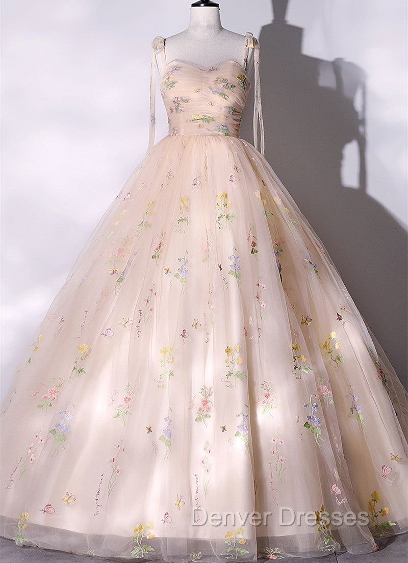 Champagne Floral Tulle Straps Sweetheart Long Party Dress, Ball Gown Sweet 16 Dress