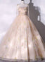 Champagne Floral Tulle Straps Sweetheart Long Party Dress, Ball Gown Sweet 16 Dress