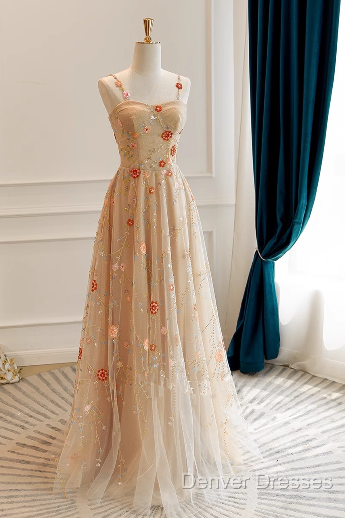 Champagne Floral Tulle Straps Sweetheart Wedding Party Dress, A-Line Tulle Long Prom Dress