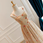 Champagne Floral Tulle Straps Sweetheart Wedding Party Dress, A-Line Tulle Long Prom Dress