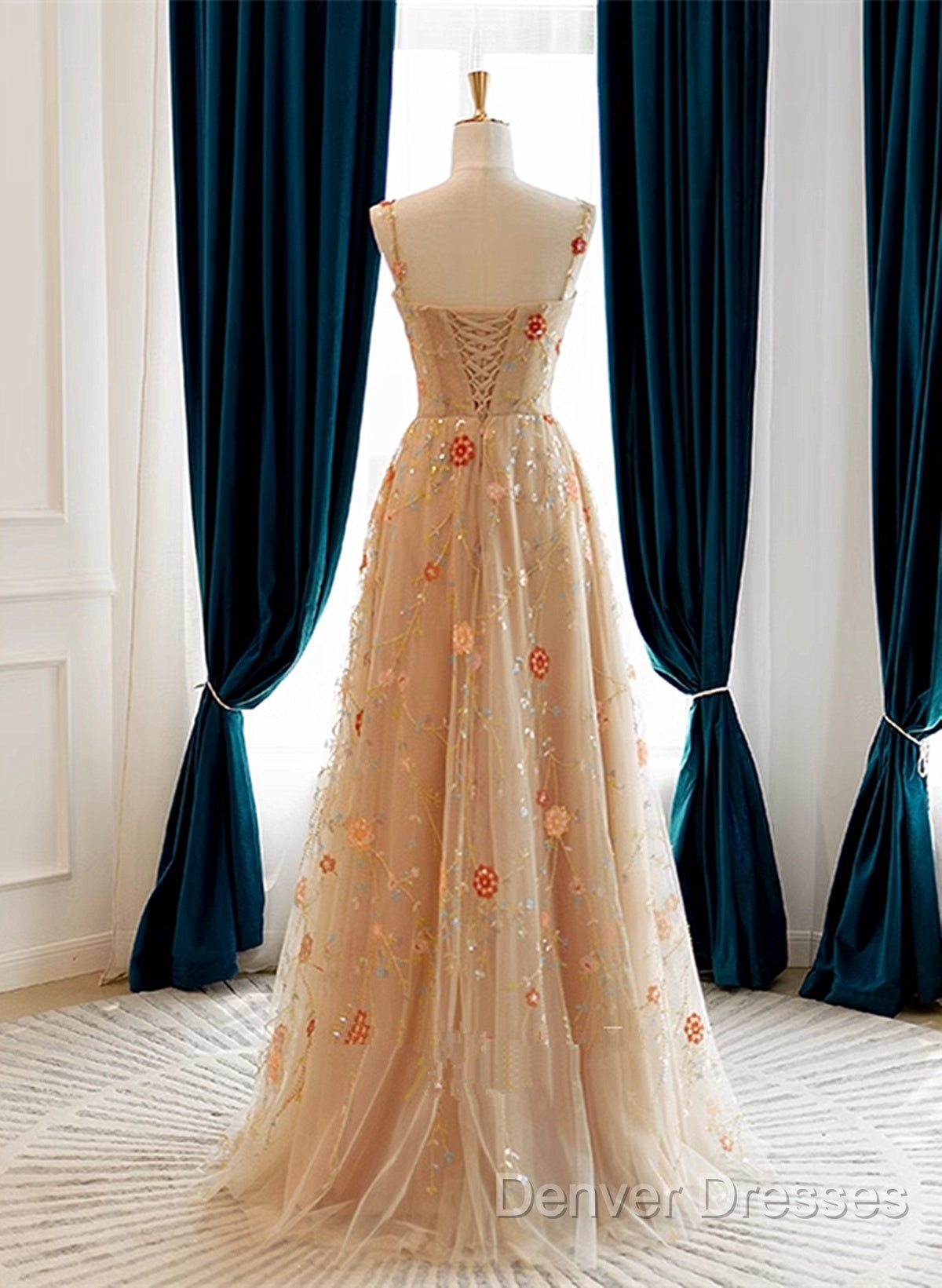 Champagne Floral Tulle Straps Sweetheart Wedding Party Dress, A-Line Tulle Long Prom Dress