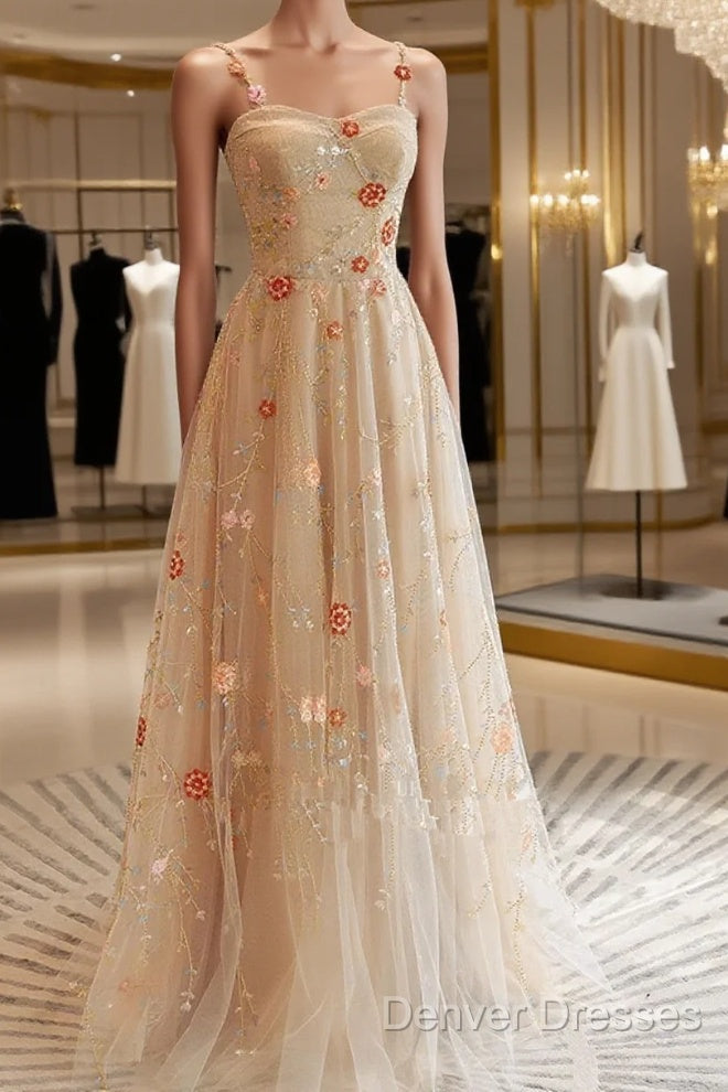 Champagne Floral Tulle Straps Sweetheart Wedding Party Dress, A-Line Tulle Long Prom Dress Main image
