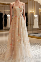 Champagne Floral Tulle Straps Sweetheart Wedding Party Dress, A-Line Tulle Long Prom Dress