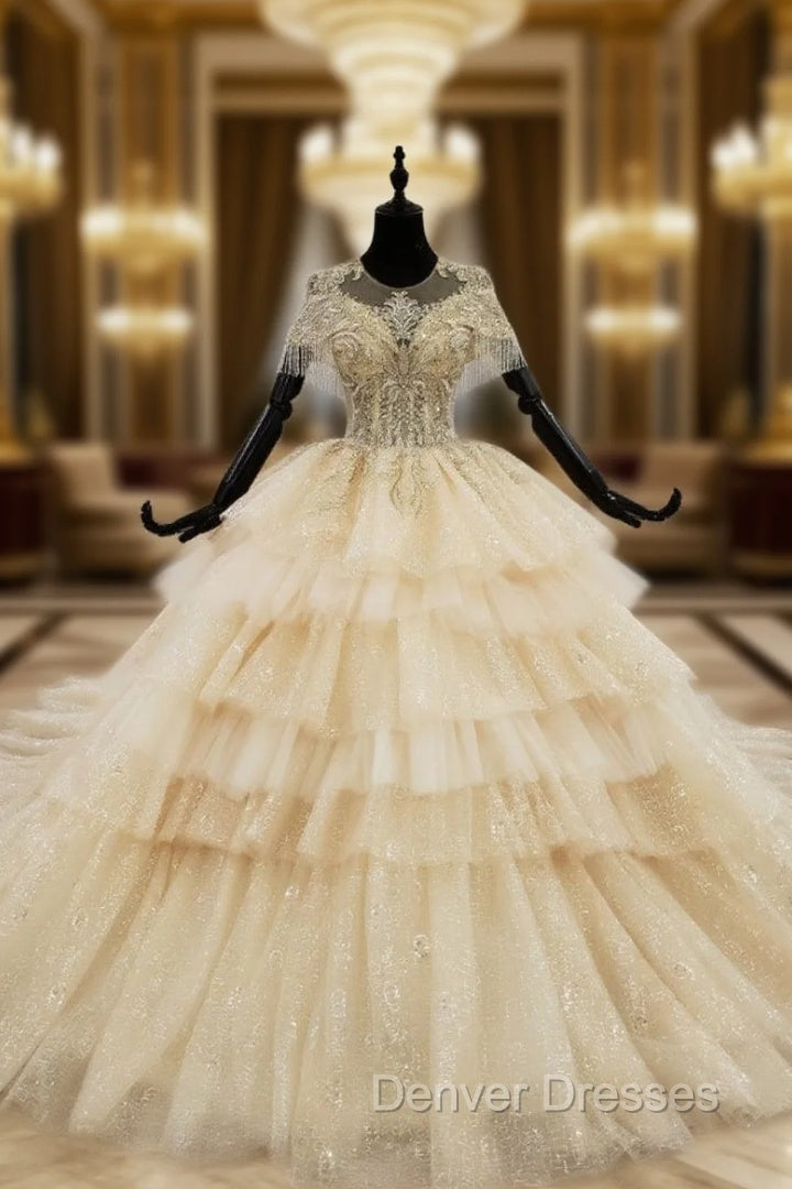 Champagne Gold Ball Gown Tulle Sequins Cap Sleeve Backless Wedding Dress Main image