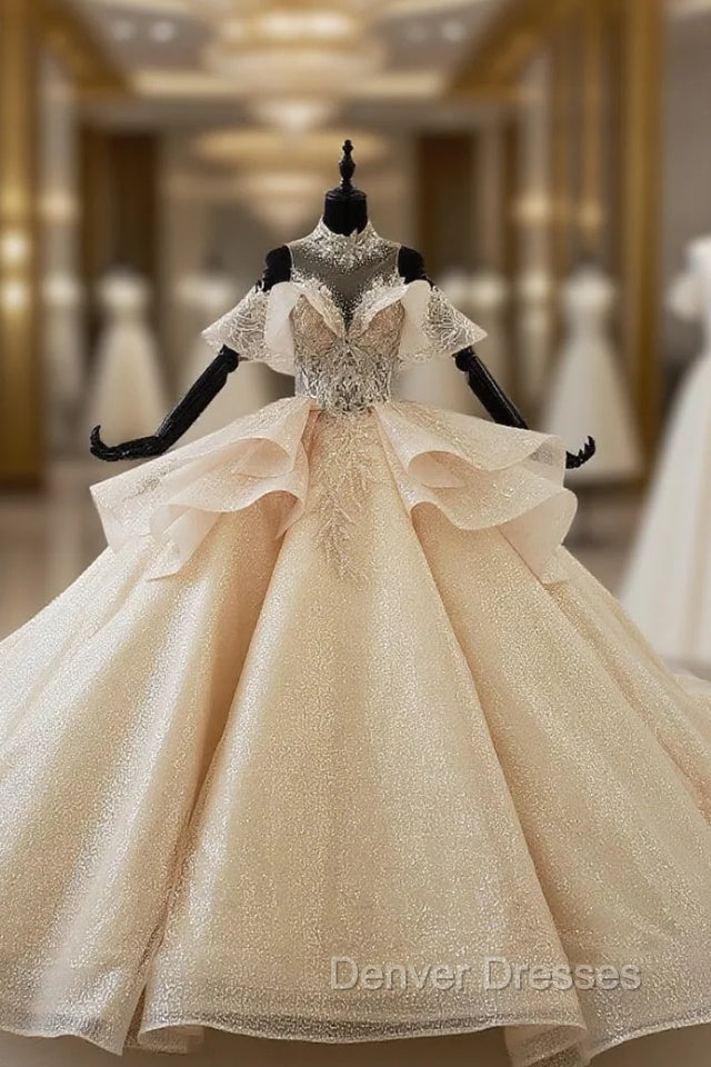 Champagne Gold Ball Gown Tulle Sequins High Neck Backless Wedding Dress