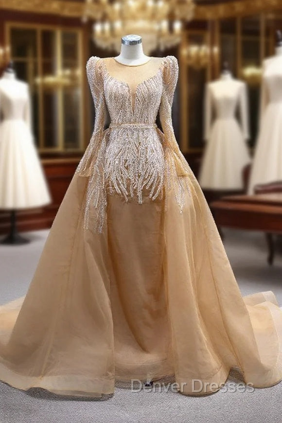 Champagne Gold Long Sleeve Beading Prom Dress