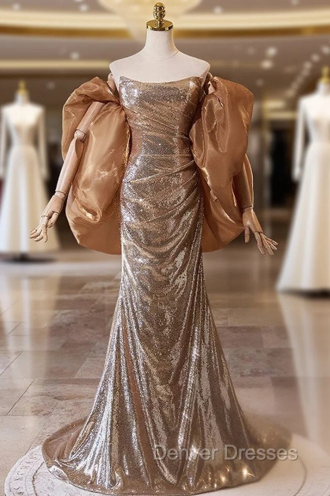 Champagne Gold Mermaid Sequins Strapless Pleats Prom Dress Main image