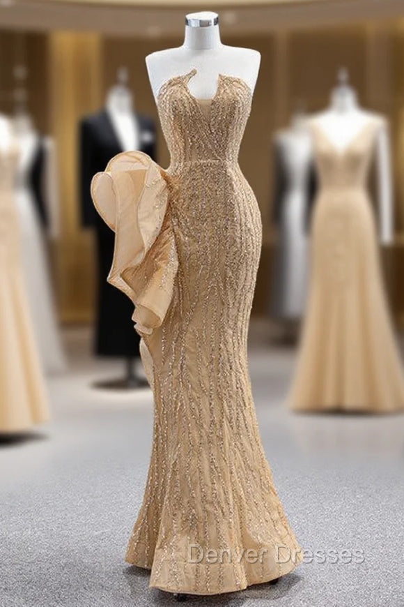 Champagne Gold Mermaid Sequins Strapless Prom Dress Main image
