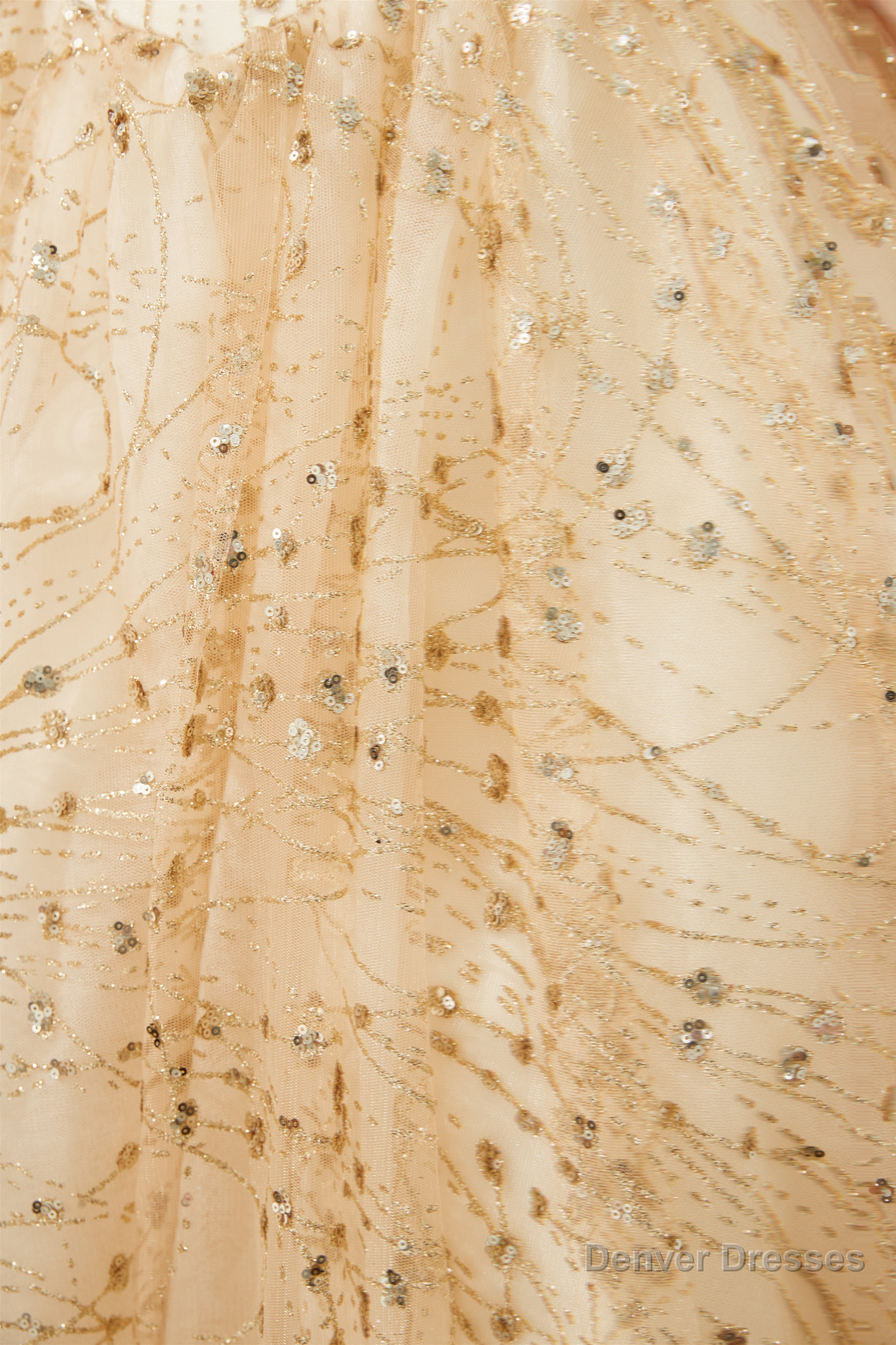 Champagne Gold Off-the-Shoulder Tulle Ball Gown Sequins Princess Prom Dresses for Girls