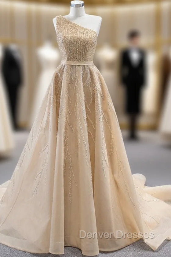 Champagne Gold One Shoulder Sequins Prom Dress