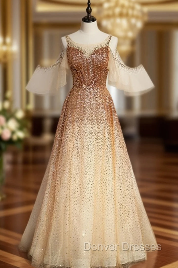 Champagne Gold Sequins Flying Sleeve Prom Dress Main image