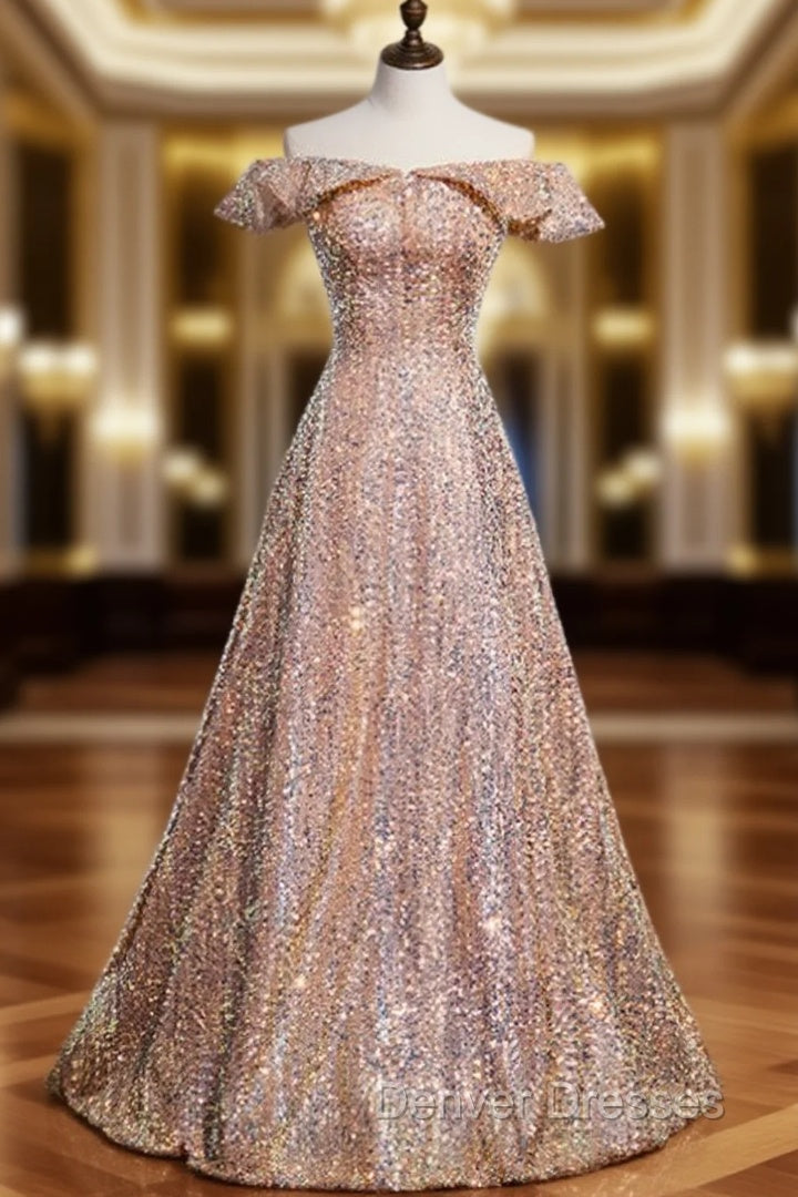 Champagne Gold Sequins Off the Shoulder Prom Dress