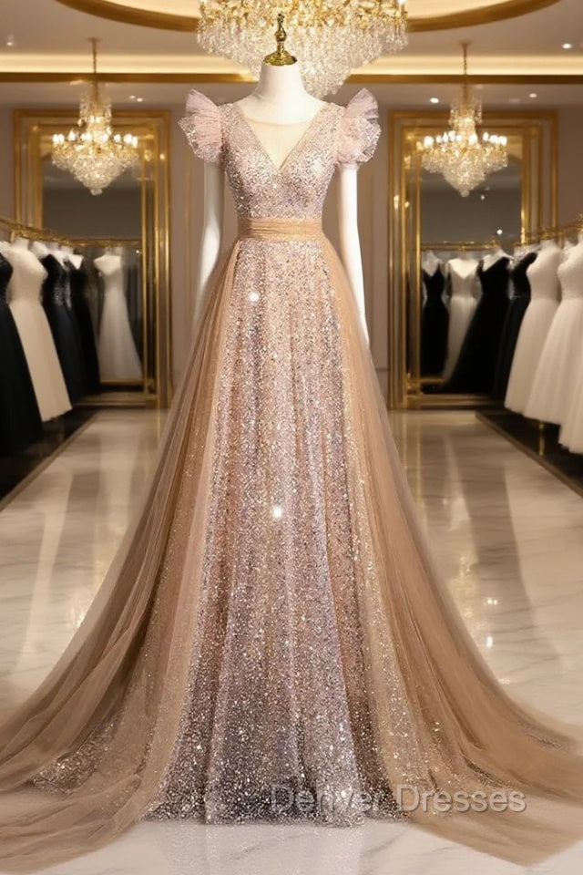 Champagne Gold Sequins Tulle Prom Dress