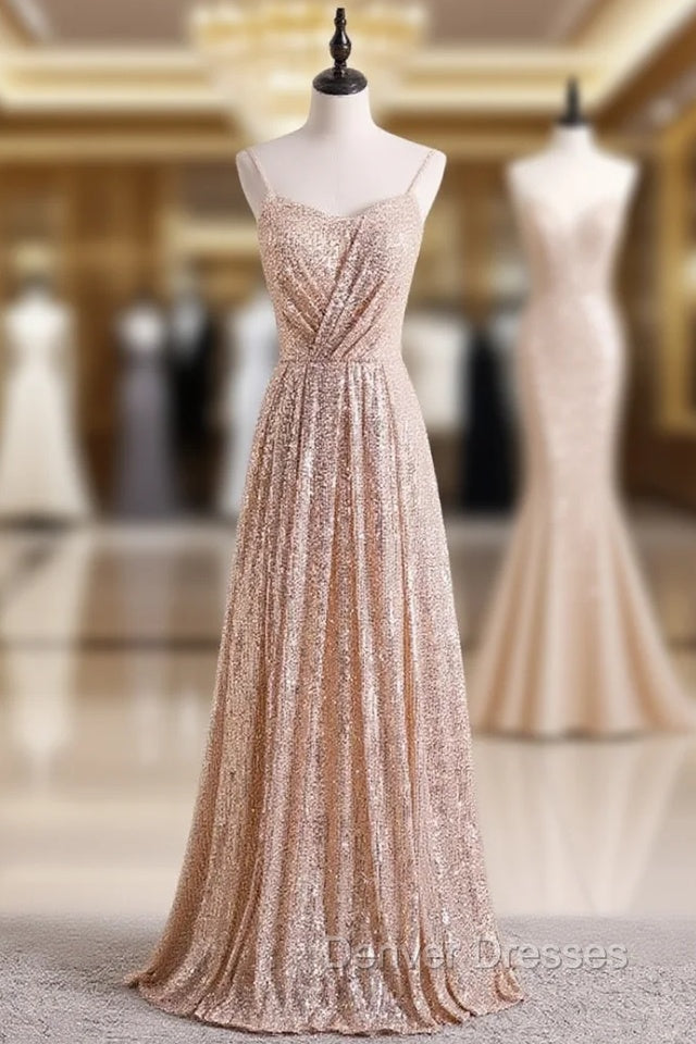 Champagne Gold Seuqins Spaghetti Straps Prom Dress Main image