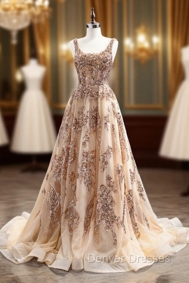 Champagne Gold Tulle Sequins Beading Prom Dress