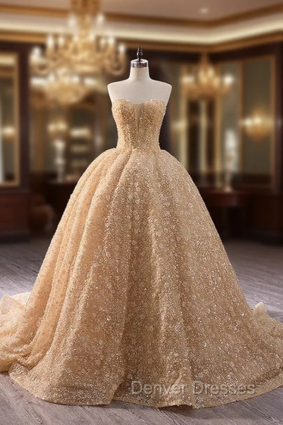 Champagne Gold Tulle Sequins Strapless Prom Dress