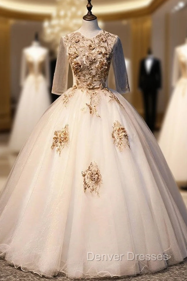 Champagne Gold Tulle Short Sleeve Appliques Quinceanera Dress Main image