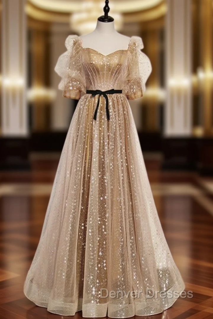 Champagne Gold Tulle Square Short Sleeve Prom Dress Main image