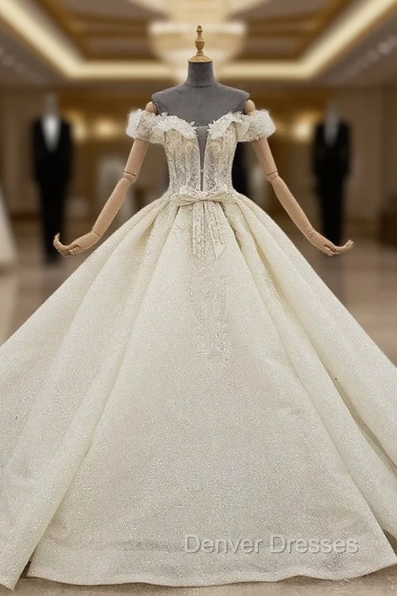 Champagne Gown Tulle Sequins Off the Shoulder Wedding Dress With Beading Main image