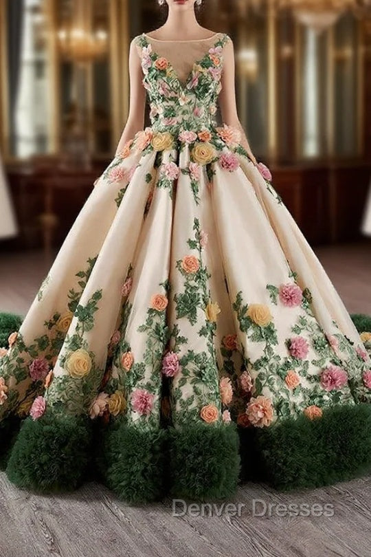 Champagne Green Tulle 3D Flower Prom Dress Main image