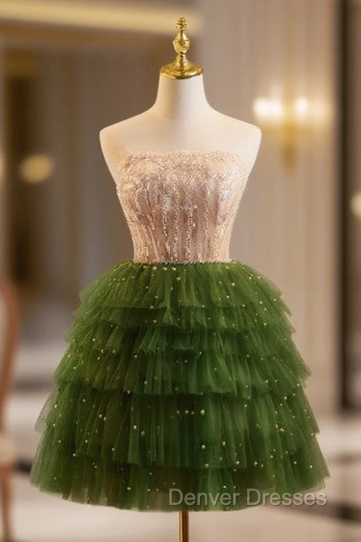 Champagne/Green Tulle Lace Short Prom Dress, Cute Homecoming Dress Main image