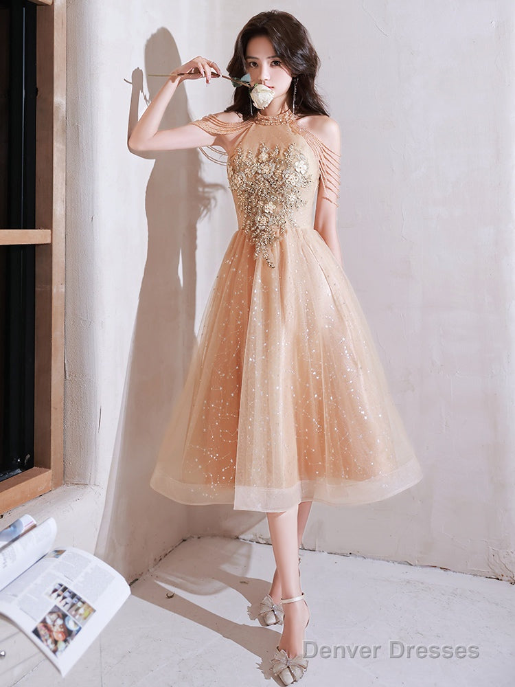 Champagne Halter Tea Length Shiny Tulle With Lace, A-Line Short Prom Dress Secondary image