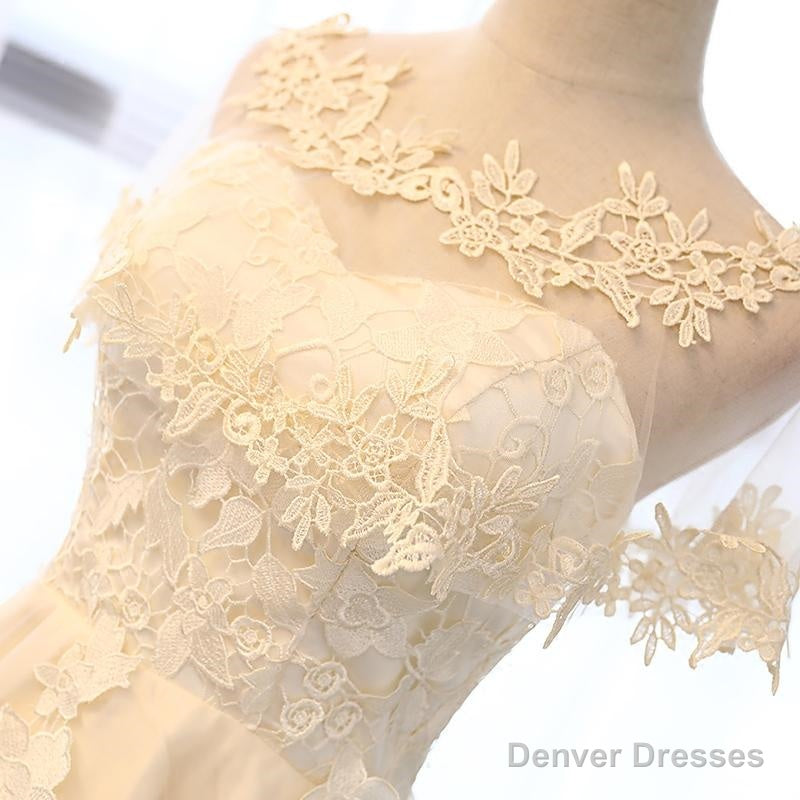 Champagne High Low Lace Prom Dresses, Champagne High Low Lace Formal Homecoming Dresses