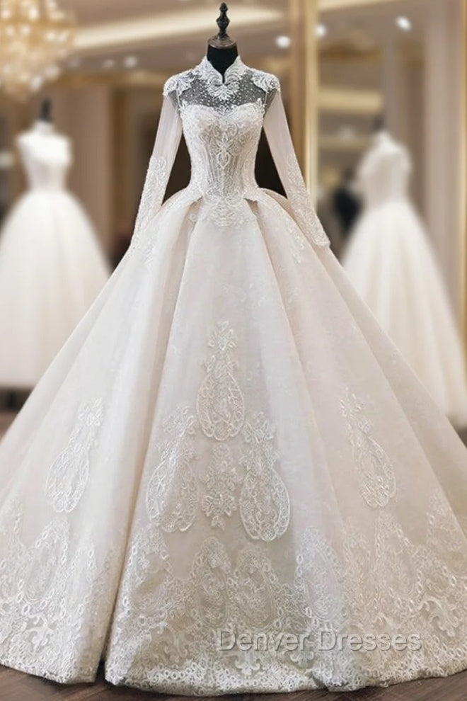 Champagne High Neck Long Sleeve Lace Appliques Beading Wedding Dress