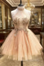 Champagne High Neck Tulle Lace Short Prom Dress Tulle Formal Dress