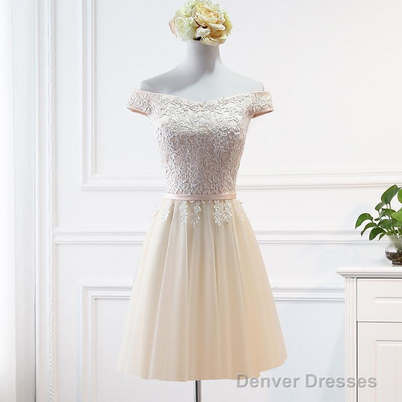 Champagne Lace Applique Off Shoulder Tulle Party Dress Homecoming Dresss Main image