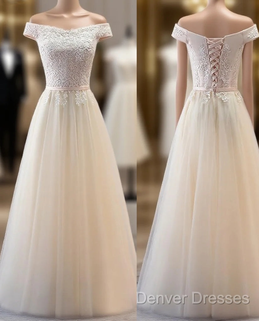 Champagne Lace Applique Off Shoulder Tulle Party Prom Dress Main image