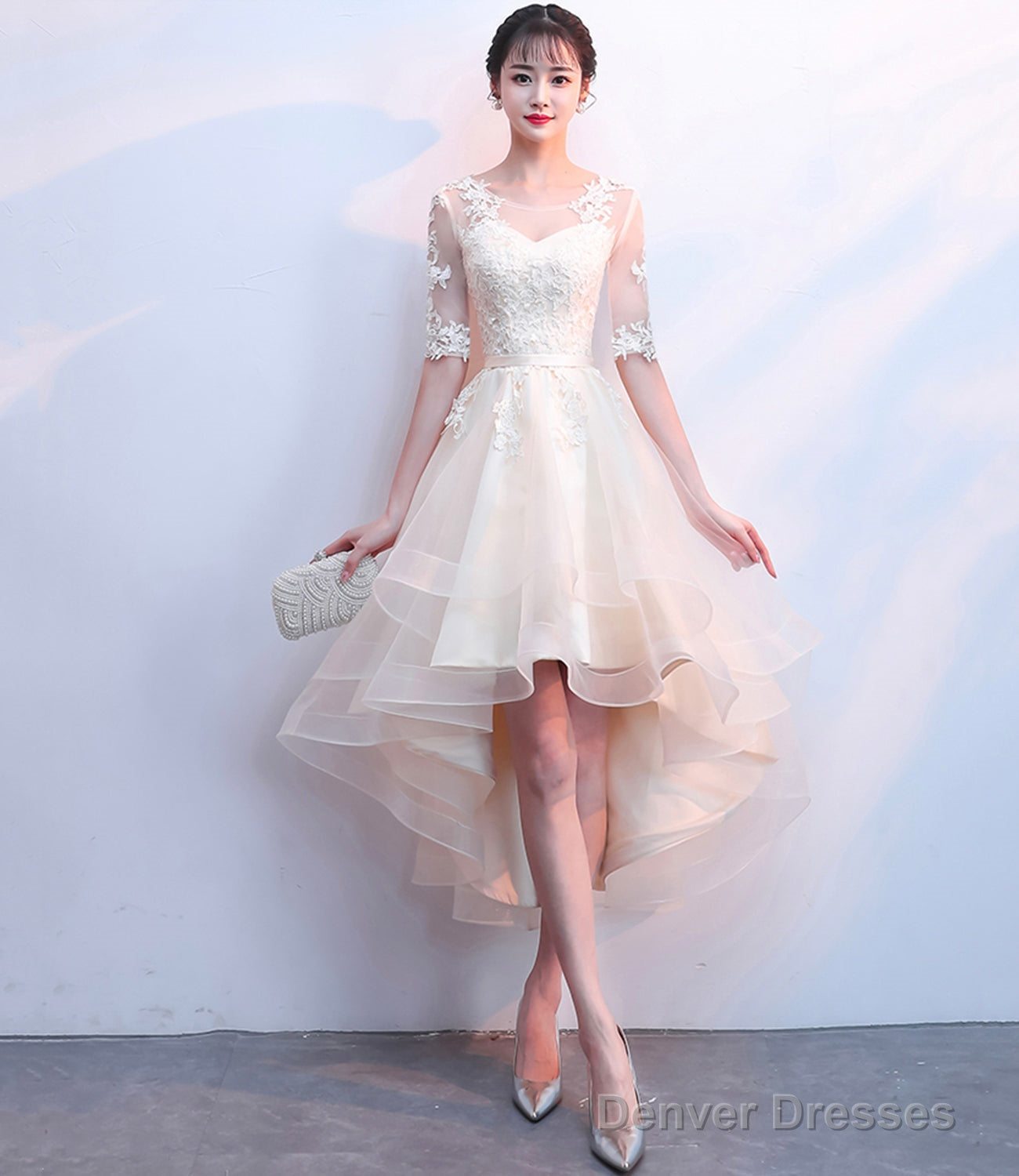 Champagne Lace High Low Homecoming Dress Main image