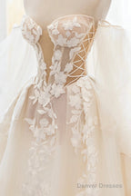 Champagne Lace Long A-Line Ball Gown, Off The Shoulder Evening Party Dress