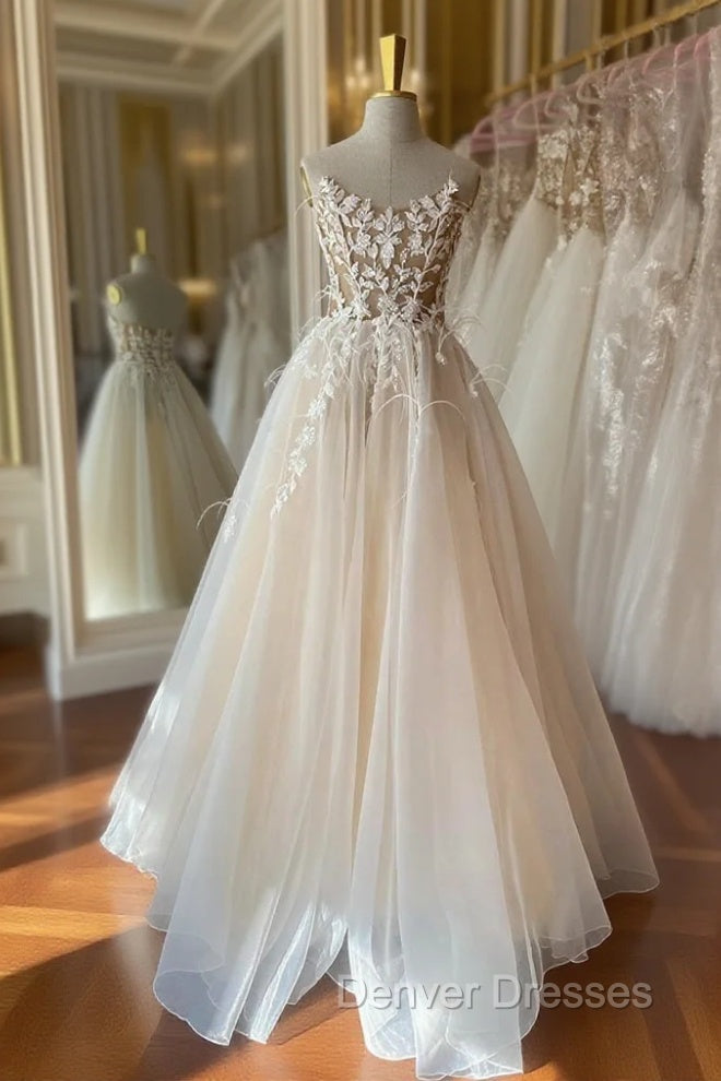 Champagne Lace Long A-Line Prom Dress, Strapless Evening Dress