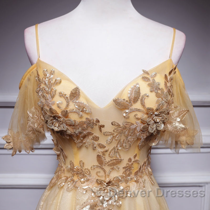 Champagne Lace Off Shoulder Long Party Dress , Cute Tulle Formal Dress Prom Dress Secondary image