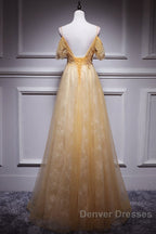 Champagne Lace Off Shoulder Long Party Dress , Cute Tulle Formal Dress Prom Dress