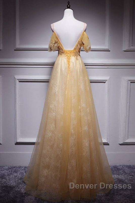 Champagne Lace Off Shoulder Long Party Dress , Cute Tulle Formal Dress Prom Dress