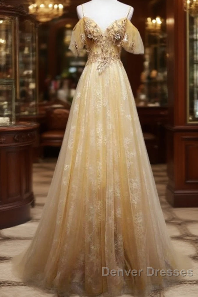 Champagne Lace Off Shoulder Long Party Dress , Cute Tulle Formal Dress Prom Dress Main image