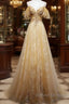 Champagne Lace Off Shoulder Long Party Dress , Cute Tulle Formal Dress Prom Dress