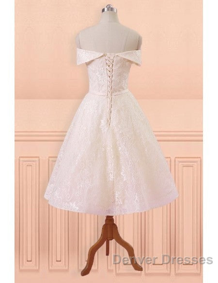 Champagne Lace Off Shoulder Tea Length Wedding Dress With Sash
