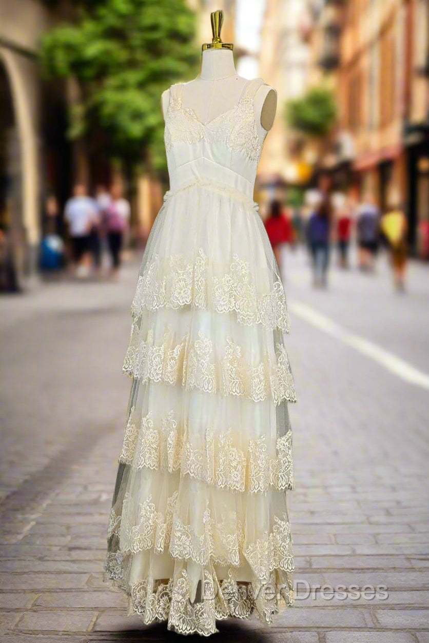 Champagne Lace Prom Dress A-line V-neck Elegant Evening Dress