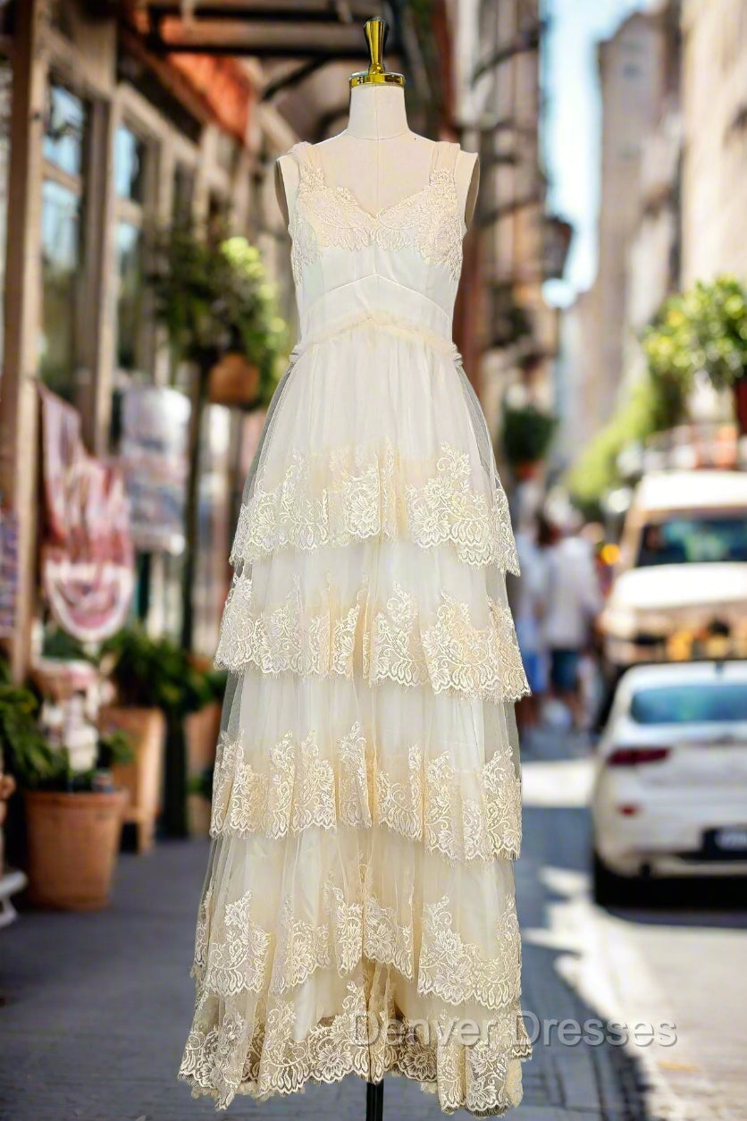 Champagne Lace Prom Dress A-line V-neck Elegant Evening Dress