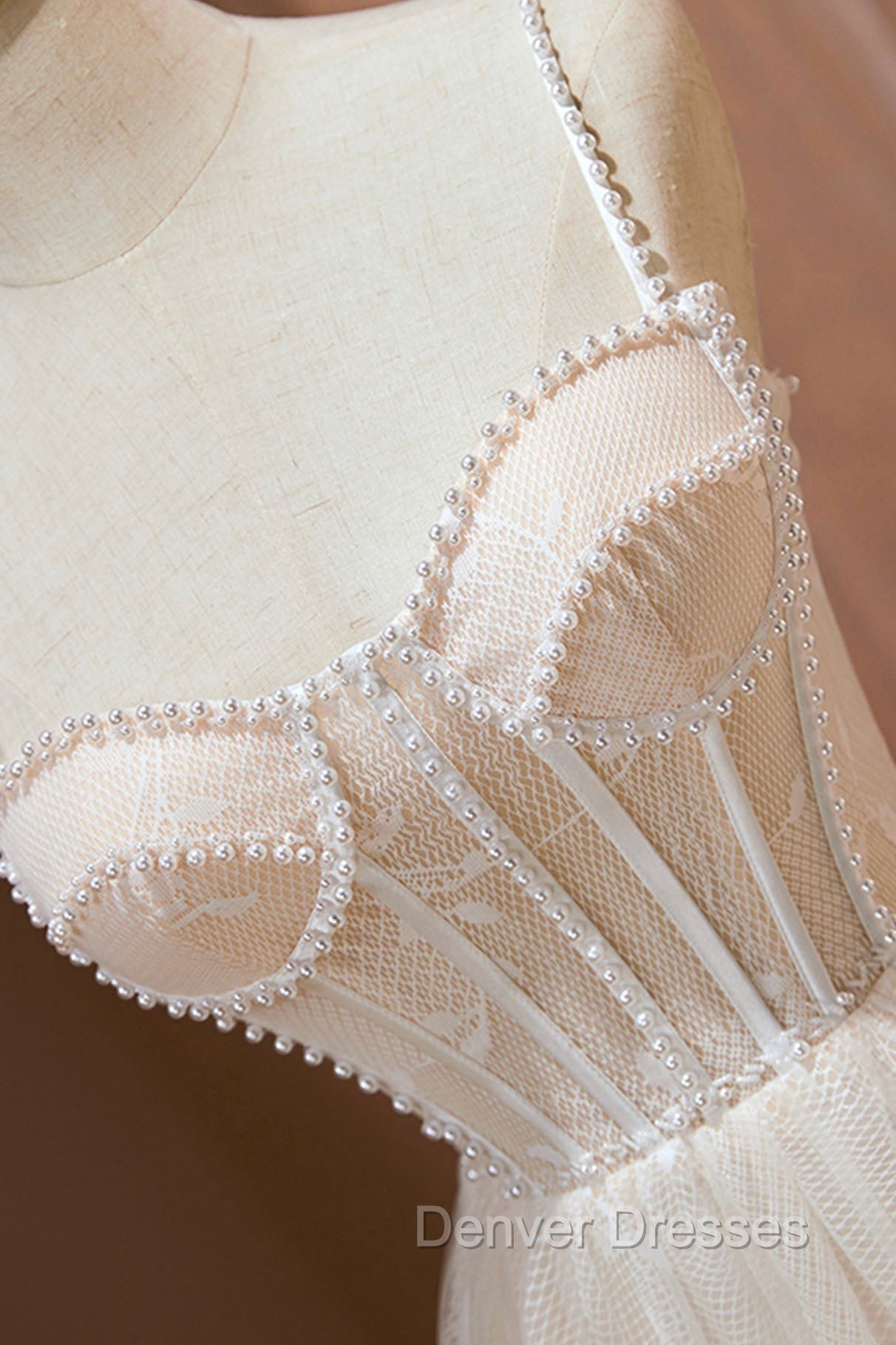 Champagne Lace Short Prom Dress, Spaghetti Straps Party Dress with Pearl