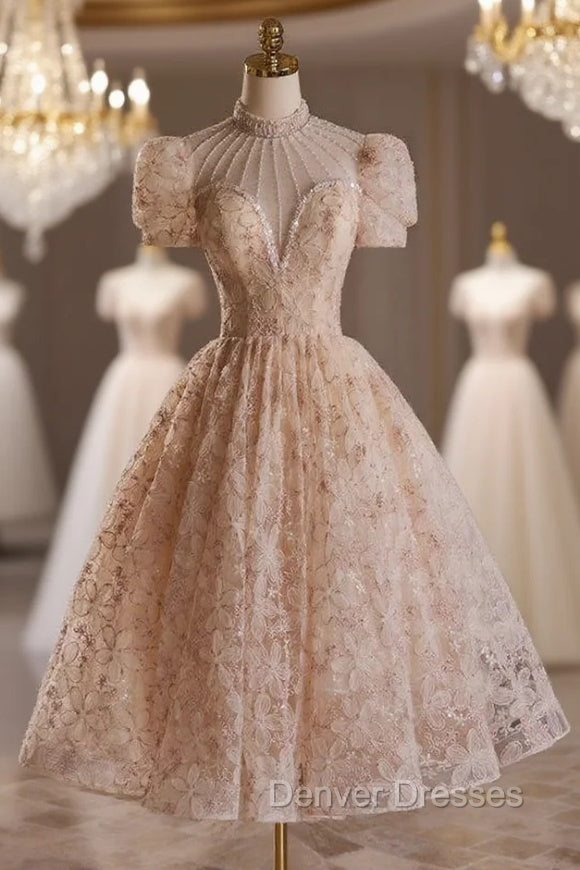 Champagne Lace Short Sleeve Beading Short Prom Dress
