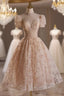 Champagne Lace Short Sleeve Beading Short Prom Dress