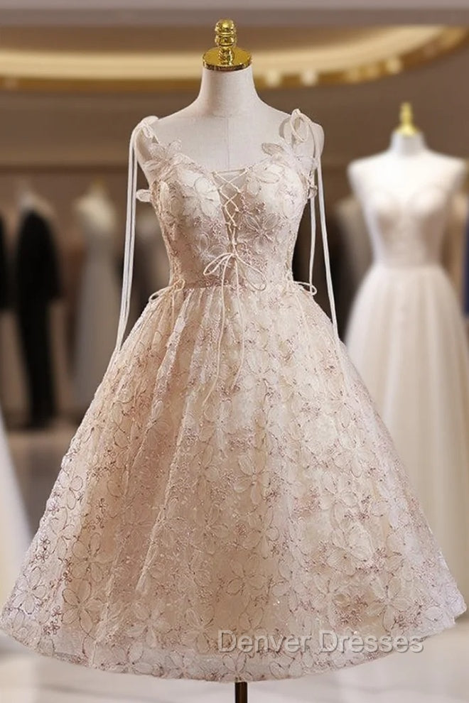 Champagne Lace Spaghetti Straps Homecoming Dress Main image