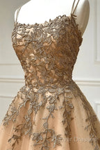 Champagne Lace Tulle Long Prom Dress Formal Evening Dress Ball Gown